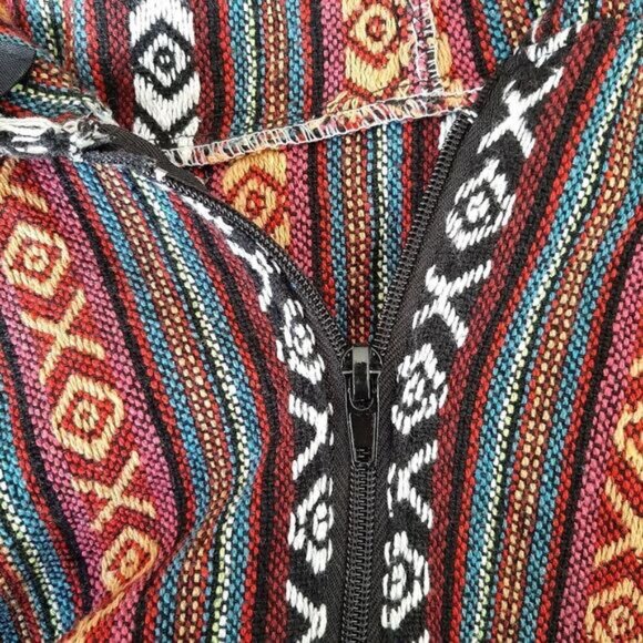 Woven Tribal Boho Full-Zip Hooded Jacket Ethnic Embroidered Fabric Sz L - Picture 11 of 11